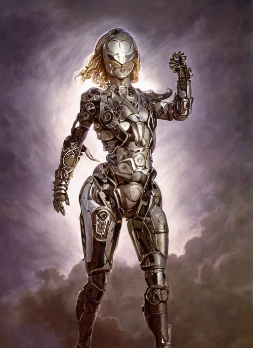 Prompt: symmetry! portrait of a beautiful biblical diabolical agile girl, in reflective porcelain cyborg armor, in clouds, cinematic studio light! windy, sunrise, by gerald brom, by mikhail vrubel, by peter elson, high contrast, muted colors, extreme detail, trending on artstation, 8 k