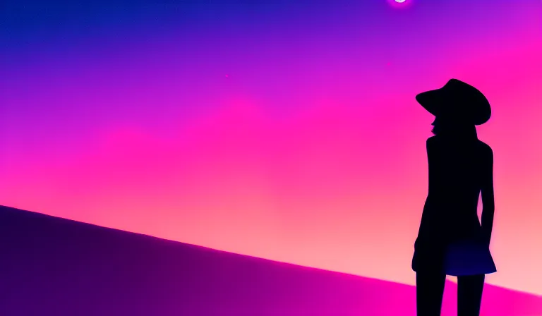 Prompt: the sillhouette of a teenager girl with a hat, looking at a a beautiful and immaculate futuristic city night time, neon colors. vaporwave ombre rendering. trending on artstation. recommended for you behance. by chris moore. by edward hopper. beeple colors. metropolis filmic.