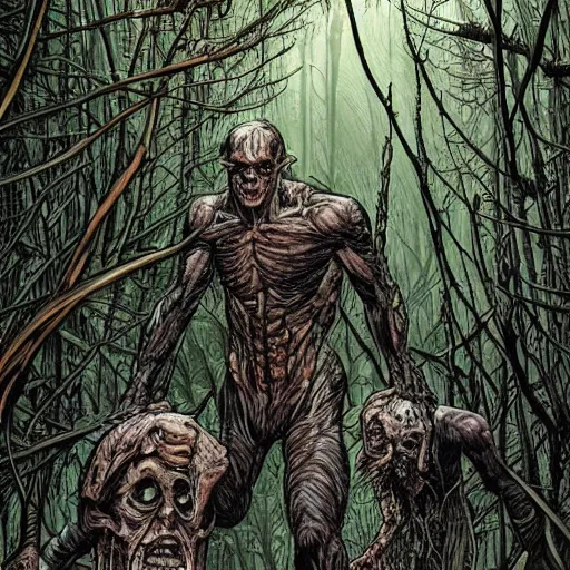 Image similar to sci - fi monster hunters, walking in a flesh and bones forest, hyperdetailed, art liam sharp