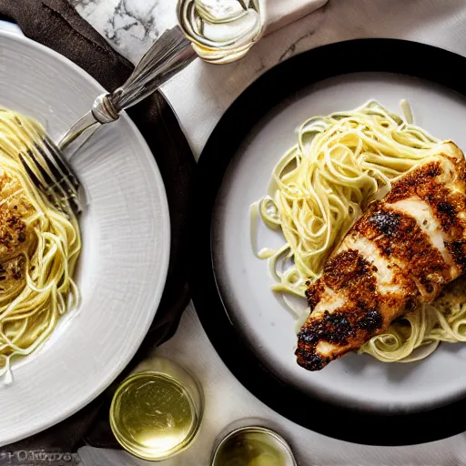 Image similar to photograph of Chicken Piccata with angel hair noodles from Cheesecake Factory, plate on bed in hotel room