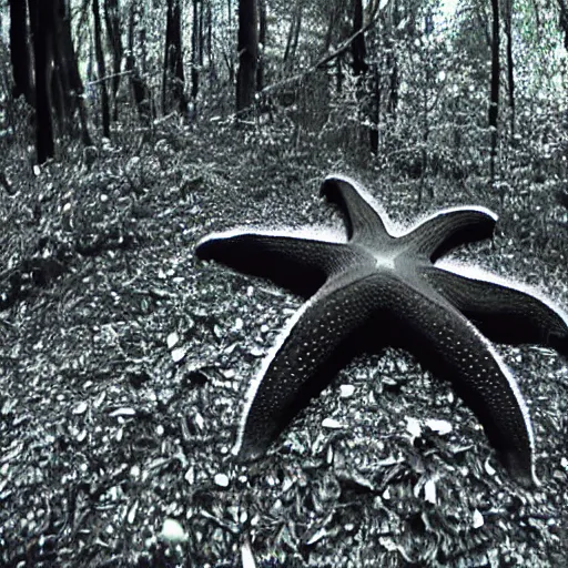 Image similar to a weird giant starfish in the forest caught on trailcam nightvision footage camera, grainy low quality