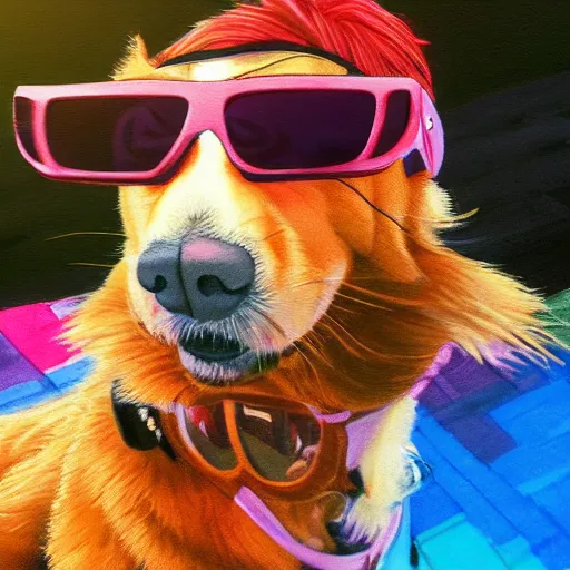 Prompt: portrait anime style, of a happy dog wearing sunglasses and a hawaiian shirt in the sunset, photorealism, beautiful light, high detail, soft light,