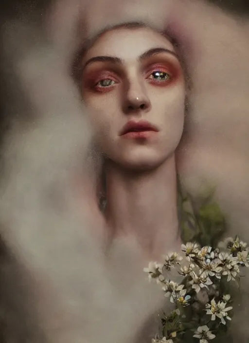 Image similar to Kodak Portra 400, 8K,ARTSTATION, Caroline Gariba, soft light, volumetric lighting, highly detailed, britt marling style 3/4 , extreme Close-up portrait photography of a Dorian Electra hiding in flowers how pre-Raphaelites with his eyes closed,inspired by Ophelia paint, his face is above water Pamukkale, raining, crying face above water in bubbles, hair are intricate with highly detailed realistic , Realistic, Refined, Highly Detailed, interstellar outdoor soft pastel lighting colors scheme, outdoor fine photography, Hyper realistic, photo realistic