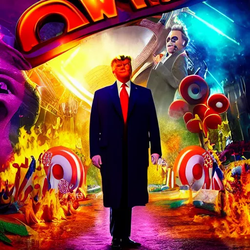 Image similar to donald trump as willy wonka in avengers movie, fantasy, splash art, avengers movie, movie still, detailed face, photorealistic facial features, cinematic lighting, dramatic, octane render, long lens, shallow depth of field, blockbuster, bokeh, hd, anamorphic lens flare, 8 k, hyper detailed, 3 5 mm film grain