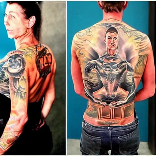 Image similar to a hyper realistic tattoo of Jean Claude van damme on a woman’s back