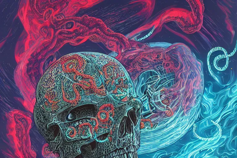 Prompt: a giant skull with intricate rune carvings and red eyes with lovecraftian tentacles emerging from a space nebula by dan mumford, smoke trails, digital art, photorealistic, vivid colors, highly detailed, intricate