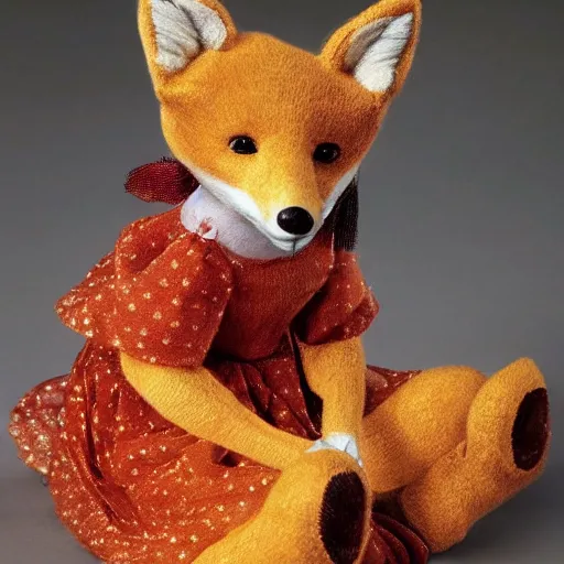 Image similar to a saturated view of a toy fox wearing a beautiful dress, highly detailed, exquisite, fabulous