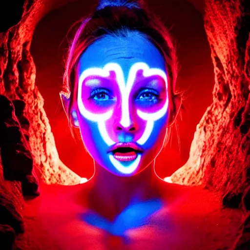 Prompt: style of Charlie Bowman, symmetrical detailed woman Stella Maeve who is screaming scared face, symmetrical eyes symmetrical, The interior of an cave lit in red, blue neon light coming from the back of the cavern, mysterious atmosphere