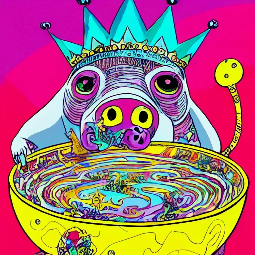 Image similar to trippy comic art of a pig wearing a gold crown eating out of an empty bowl, drawn by Martin Rowson, Tim Burton, Studio Ghibli, Alex Pardee, Nekro Petros Afshar, James McDermott, colors by lisa frank, unstirred paint, vivid color, cgsociety 4K