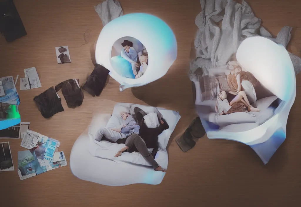 Image similar to 3 d floating people dream popping out of curved movie screen, volumetric lighting, bedroom, sleeping, pair of keycards on table, bokeh, creterion collection, shot on 7 0 mm, instax