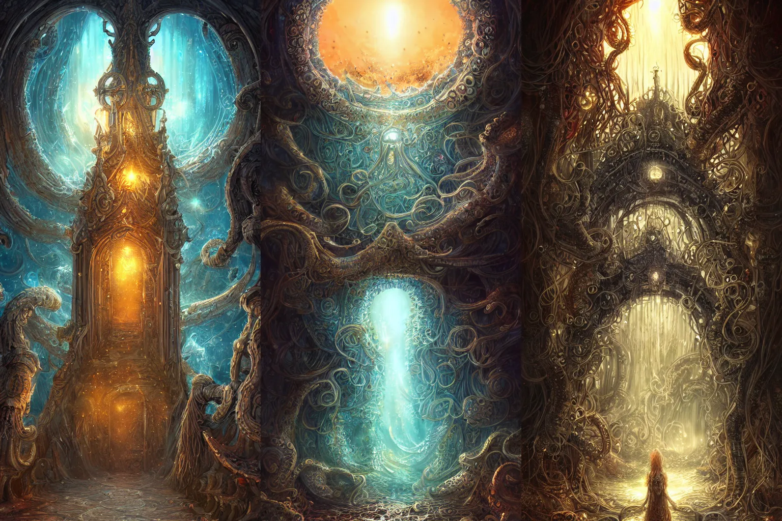 Prompt: The gate to the eternal kingdom of jellyfishes, fantasy, digital art, HD, detailed.