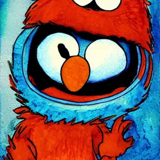 Prompt: elmo is in a gang, pen, ink and watercolor by kian 8 4