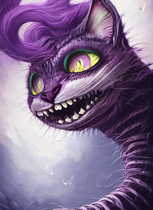 Image similar to cheshire cat, highly detailed, cinematic, 8 k, by megan duncanson, benjamin lacombe, stanley artgermm, tom bagshaw, craig mullins, carne griffiths, ayami kojima, beksinski, giger, trending on deviantart, hyper detailed, horror, full of colour