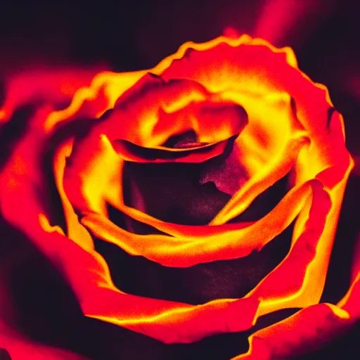 Image similar to award - winning macro of a beautiful black rose made of glowing molten magma