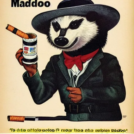 Prompt: anthropomorphic badger smoking marlboro cigarettes, 8 0 magazine advertisement