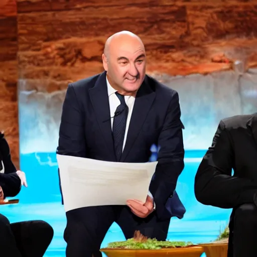 Prompt: Kevin O'Leary investing in a company, in Shark Tank (2016)