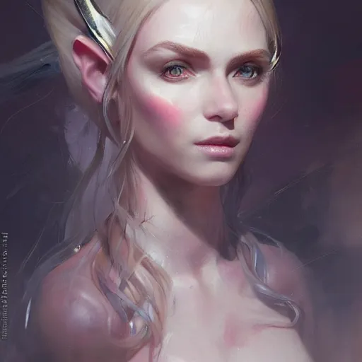 Image similar to A head-on detailed oil fantasy portrait of a pretty elf woman with small horns on her forehead, long blonde hair and bright irises, by greg rutkowski, trending on artstation, dungeon and dragons art