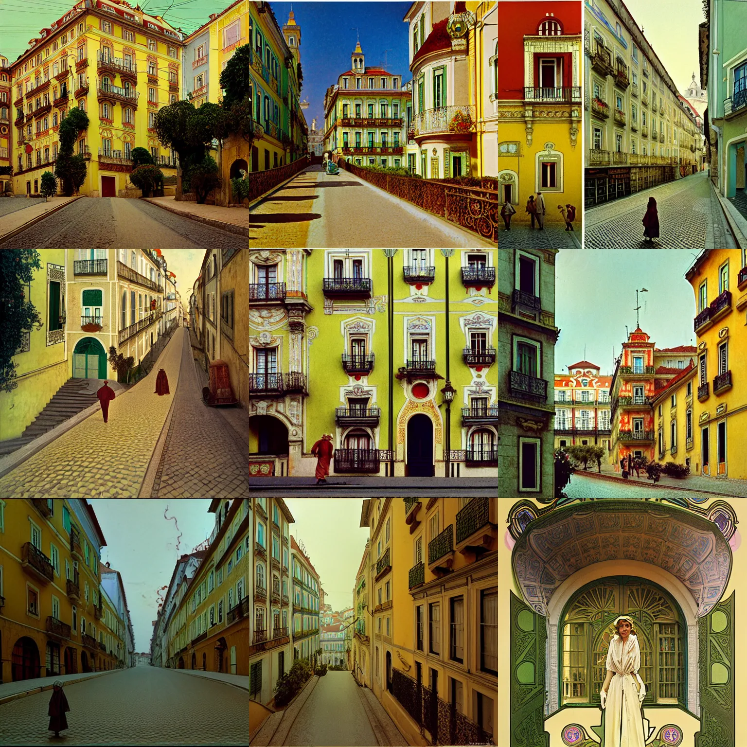 Prompt: The Street of Lisbon featuring a french mansion by Alphonse Mucha, film still from the movie directed by Wes Anderson with art direction by Zdzisław Beksiński, wide lens