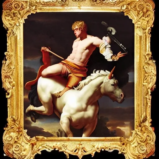 Image similar to a baroque painting of jake paul riding a unicorn, ultra detailed, intricate, dramatic, award winning art by caravaggio,