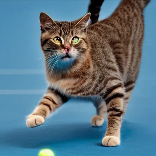 Image similar to cat standing playing tennis, realistic, highly detailed, cinematic