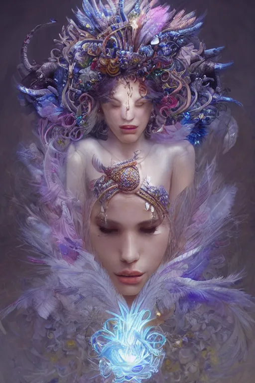 Prompt: beautiful model wearing crystal white feathers, god of psychedelics dancing in a vortex made of flowers, diamonds, angel, fantasy, dramatic lighting, highly detailed, digital painting, holding electricity, magic the gathering, hyper detailed, 3 d render, hyper realistic detailed portrait, peter mohrbacher, wlop, ruan jia