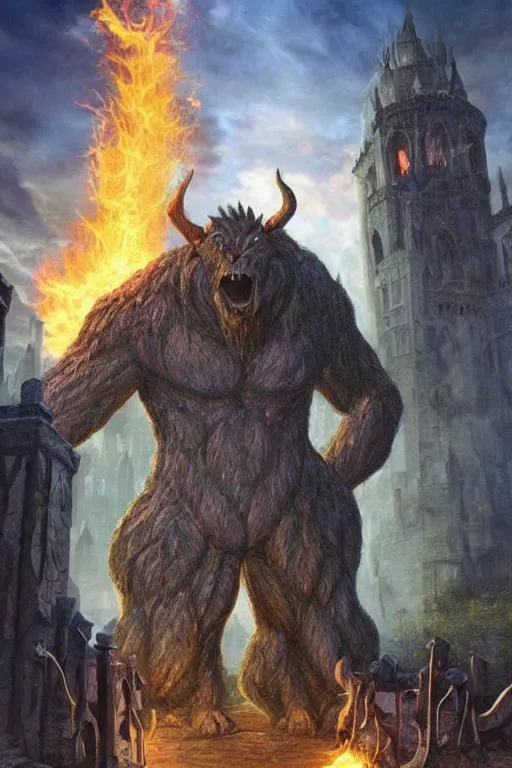 Prompt: magic the gathering card - a giant stone - oak beast - standing in front of a medieval town - town is on fire