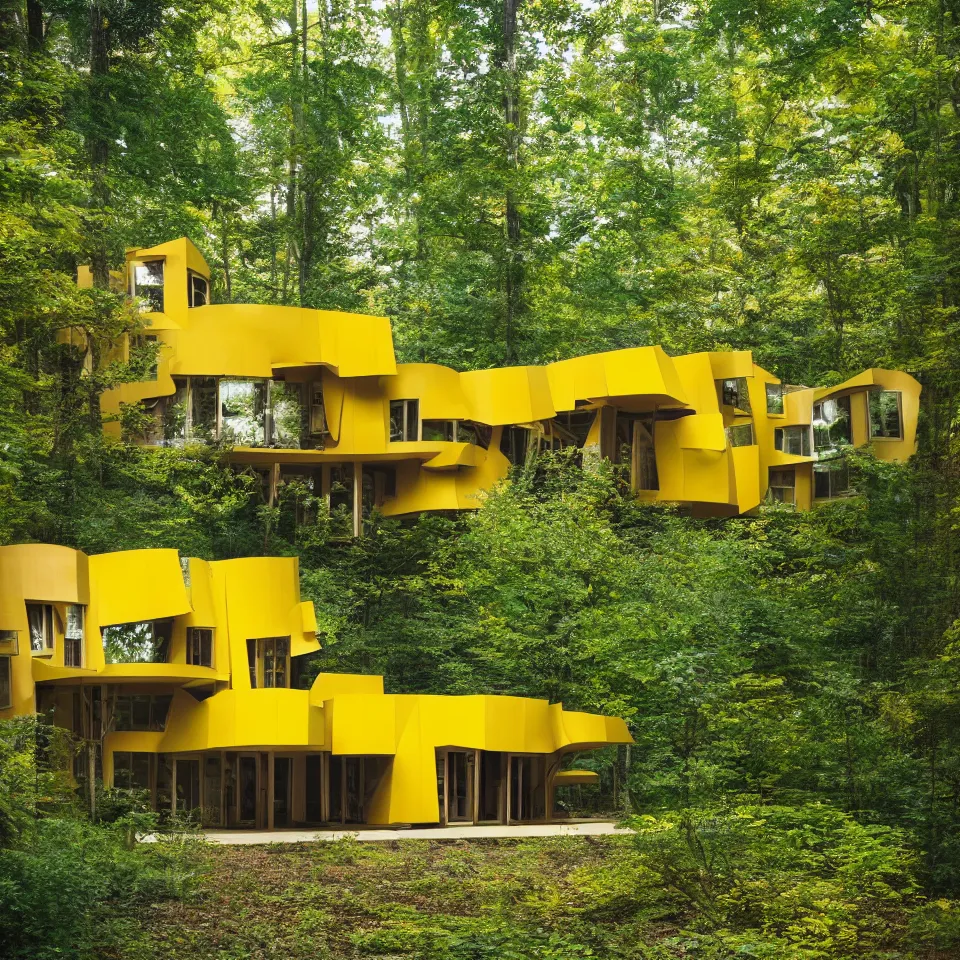 Prompt: architecture ad for a small mid-century modern house in the forest, designed by Frank Gehry. Film grain, cinematic, yellow hue
