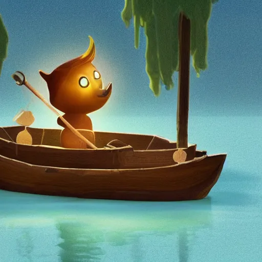 Prompt: Closeup illustration of an old small wooden raft boat swimming in a mythical river in the woods. The raft has an old lantern at the front illuminating the water and the forest. There is a cute 3D Pixar character sitting on the raft. Digital art, trending on artstation, dark, mystic, very very very beautiful digital 3D art, rendered with octane renderer, cinema4D, concept art, bokeh, wallpaper