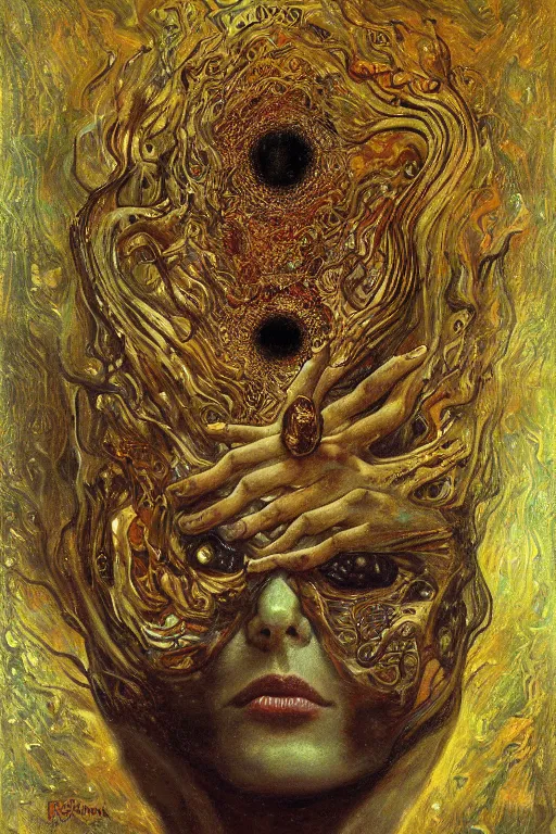 Image similar to Visions of Hell by Karol Bak, Jean Deville, Gustav Klimt, and Vincent Van Gogh, nightmare portrait, infernal, visionary, otherworldly, fractal structures, ornate gilded medieval icon, third eye, hellfire, stygian, spirals
