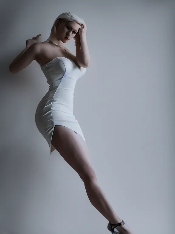 Prompt: studio photo of gorgeous seductive tall emily skinner cosplaying annie leonhart wearing heels, wearing tight white wet dress, in a white room, beautiful face, pale skin, rule of thirds, cinematic lighting, sharp focus, backlit, stunning, smooth, hard focus, full body shot, shot on sony a 7 iii