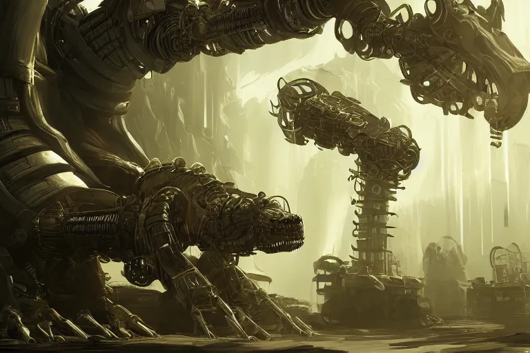 Image similar to robosaurus parallax datacenter server room interior single mono colossus white rusty robot sitting artstation cinematic detailed concept art volumetric light sharp coherent cgsociety symmetric perfect well balanced shadows lotr goddess