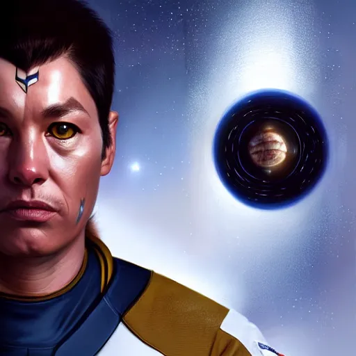 Image similar to UHD Photorealistic Feline-human hybrid Starfleet Officer wearing a spacesuit with hyperrealistic, correct details, cosmic dynamic lighting, symmetrical face, accurate face, by Greg Rutkowski