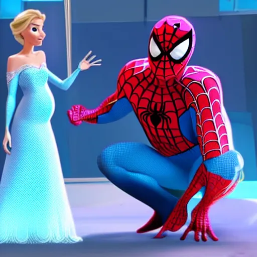 Prompt: spiderman and pregnant princess elsa talking in the livingroom, into the spiderverse cinematic render, ( 2 0 1 8 ) sony animation official media, clear details, award winning, blue gown, third trimester