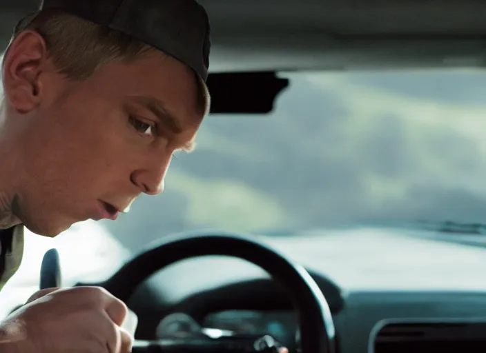 Image similar to a very high resolution image from a new movie, eminem driving a car. inside of a car. alone. mountains, directed by wes anderson