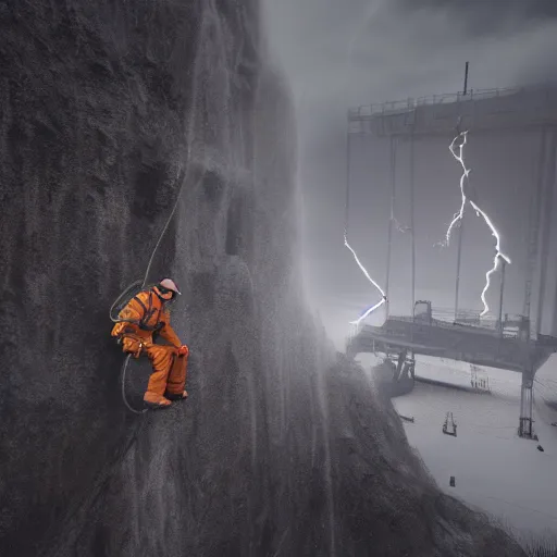 Image similar to rope access technician, extreme cold, cloudy weather, octane render, volumetric lightning, hyperrealistic, cgi, - q 2, 8 k