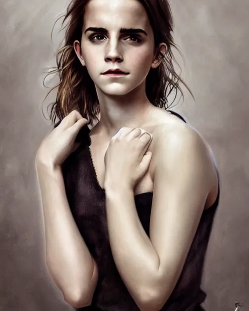 Image similar to clear portrait of emma watson, somber appearance, ripped clothing, looking her shoulder, background hyper detailed, character concept, full body, dynamic pose, intricate, elegant, highly detailed, digital painting, artstation, concept art, smooth, sharp focus, illustration, art by artgerm and greg rutkowski and alphonse mucha