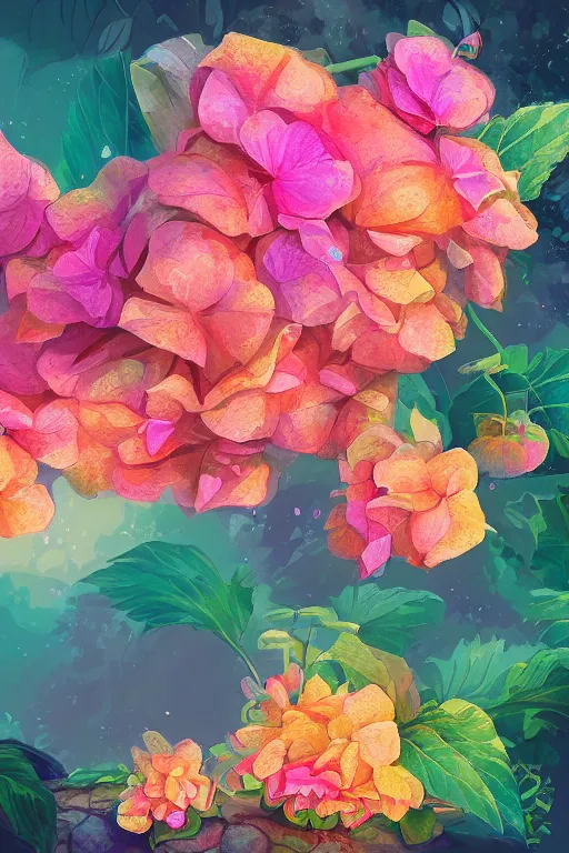 Prompt: beautiful digital matter cinematic painting of whimsical botanical illustration of begonia whimsical scene by greg rutkowki and alena aenami artstation