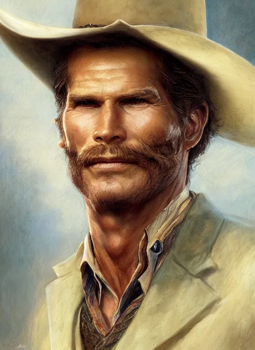 Prompt: formal portrait of charlton heston as wyatt earp, digital art by eugene de blaas, ross tran, and nasreddine dinet, vibrant color scheme, intricately detailed, in the style of romanticism, cinematic, artstation, greg rutkowski