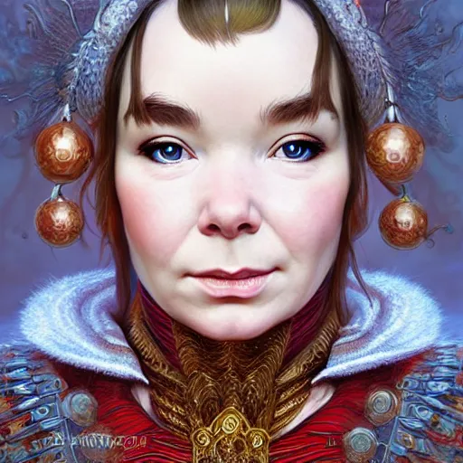 Image similar to portrait of bjork as dmt elf, 8 k highly detailed, sharp focus, illustration, art by artgerm, mucha, bouguereau