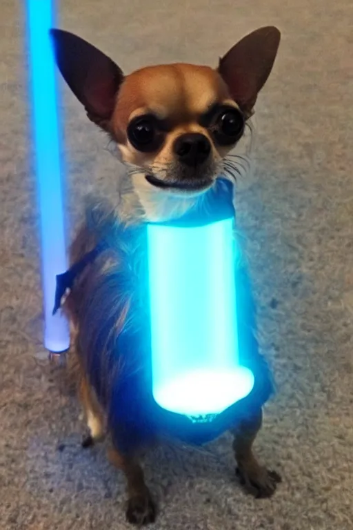 Image similar to a Cíborg Chihuahua with a blue lightsaber. futuristic style.unnreal engine