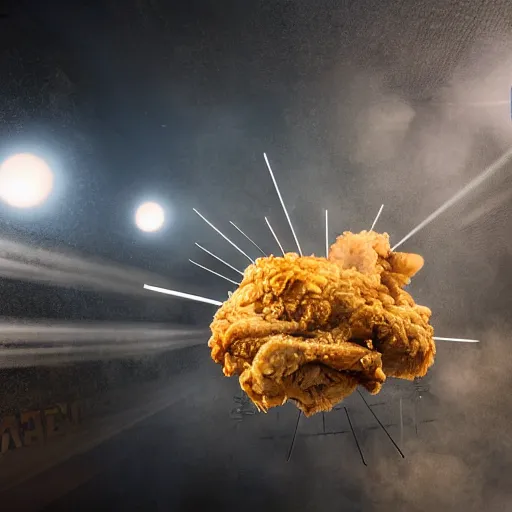 Prompt: fried chicken shooting with rockets, sci fi epic digital art, volumetric lighting, intricate detail, smooth, foggy, bokeh, futuristic