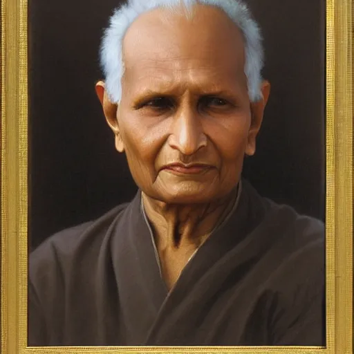 Image similar to an oil painting of Nisargadatta Maharaj, by Bouguereau, highly detailed and intricate,