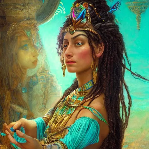 Image similar to artstation, intricate detail, hyper detail, portrait by gaston bussiere, tan skin, lady of elche, egyptian sumerian features, techno mystic goddess princess intergalactica inanna with aqua neon rapunzel dreadlocks,