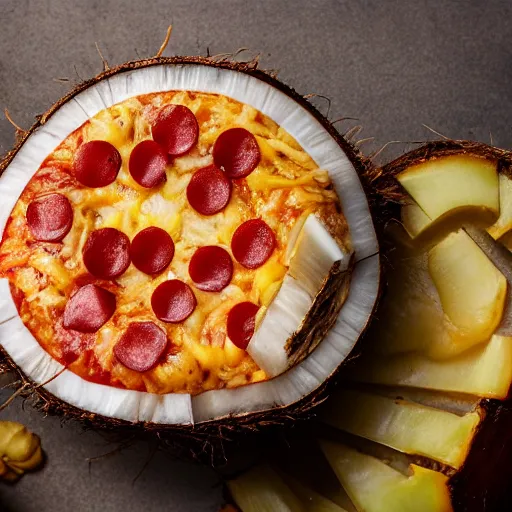 Image similar to a coconut ((🍕)) made entirely out of 🥥 , 🥥 🍕 hybrid, 4k food photography