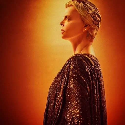 Image similar to “ majestic gracious regal deity charlize theron portrait, ancient greece, atmospheric lighting, painted, intricate, volumetric lighting, beautiful, rich deep colours masterpiece, golden hour, sharp focus, ultra detailed, by kai carpenter ”