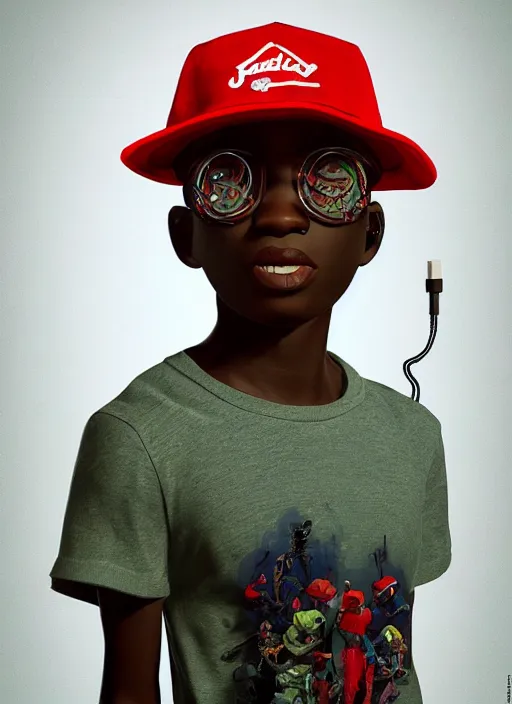 Prompt: portrait - art of a nigerian boy wearing a baseball cap with wires and computer chips dangling from inside, character concept art, art style by frank frazetta & james jean, vfx art, volumetric light, ray tracing, digital illustration, colourful, claymation, unreal engine render, sharp, intricate detail, behance, artstation, pinterest,