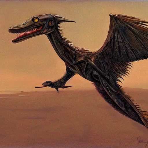 Prompt: teriyaki pterodactyl, pterodactyl made of teriyaki, teriyakidactyl, painting by james gurney