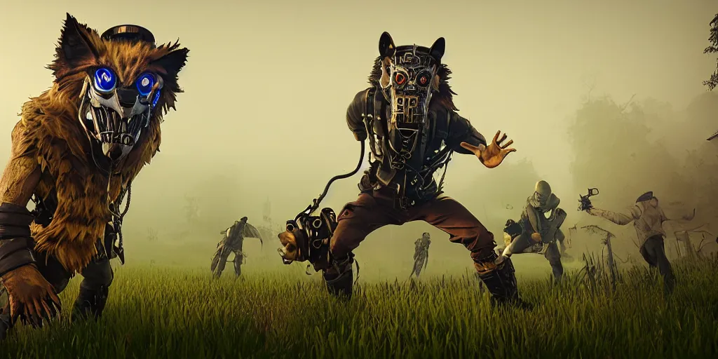 Image similar to gamekeeper wearing a steampunk and neonpunk mechanical fluorescent mystical animal mask in strange misty estuary landscape fight with werewolf, night, realism in style of fornite game, 4 k, octane render, award winning photograph, epic cinematic shot, perfectly defined features, ambient occlusion