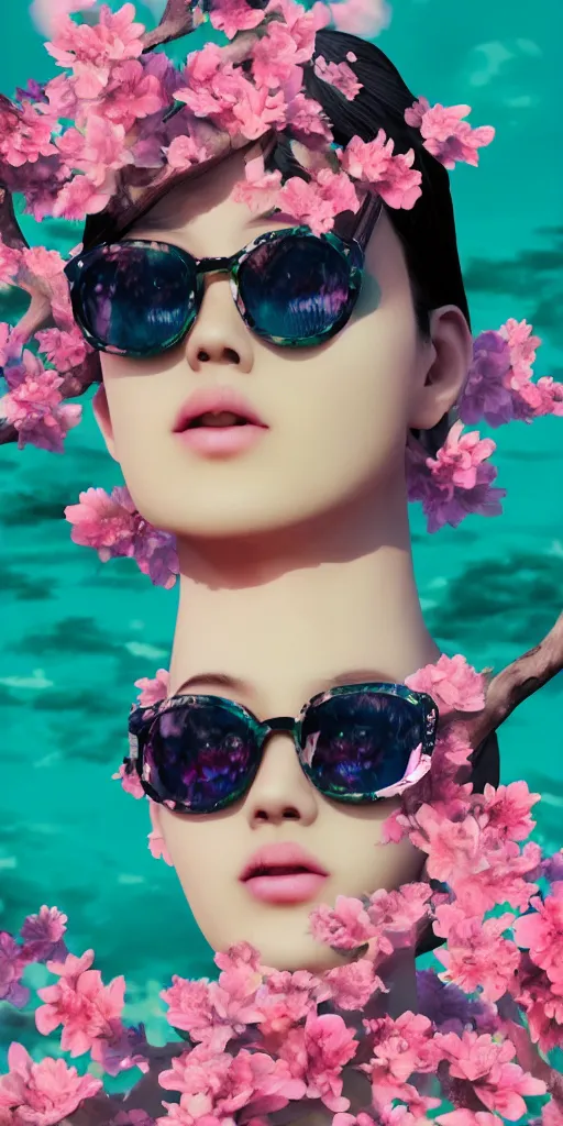 Prompt: 3 d close - up, water, blossom sakura, fashion model in sunglasses, pink clouds background, green snakes, hyper detailed, photo realistic, vouge style photo, artwork by tooth wu and wlop and beeple and greg rutkowski