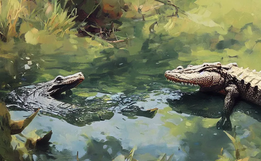 Image similar to a cute alligator in a river by Atey Ghailan and Michael Garmash